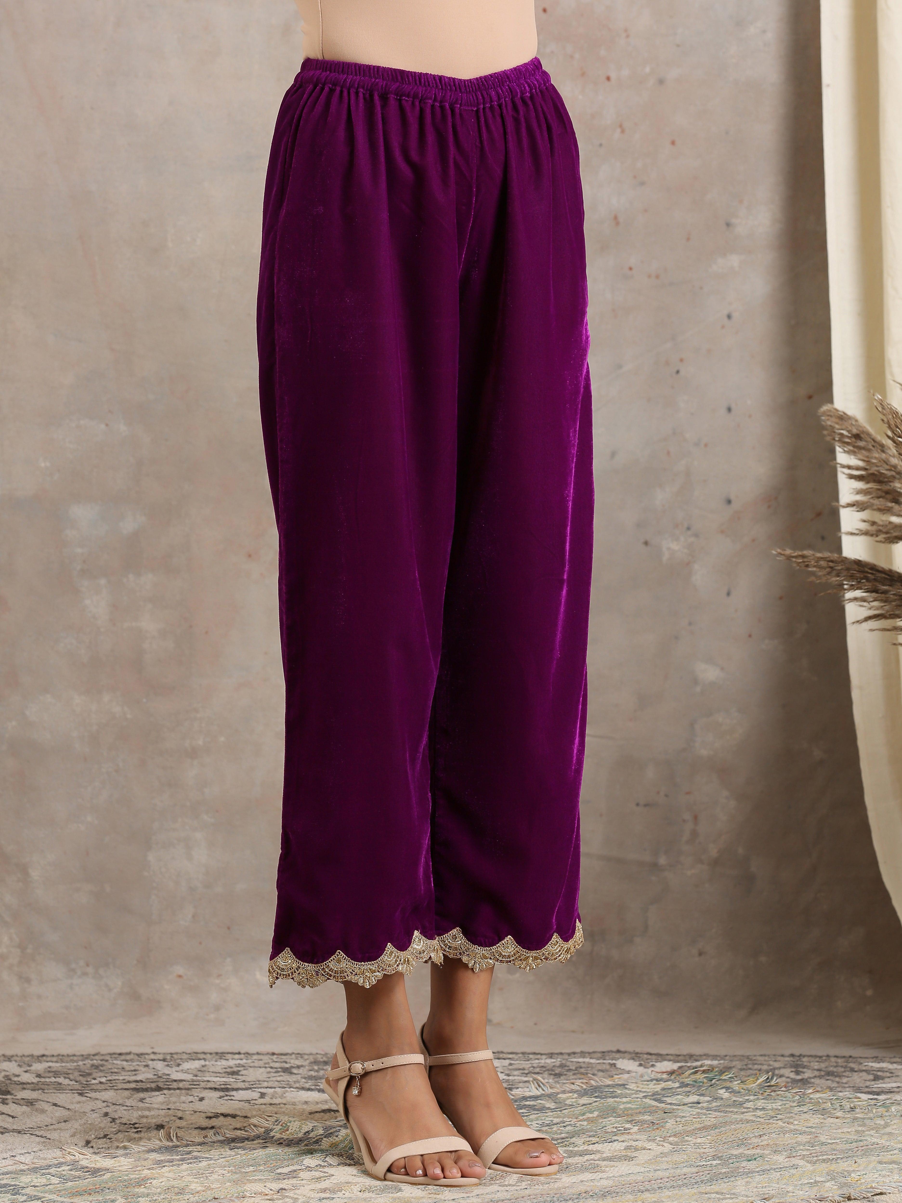 trueBrowns Wine Velvet Lace Kurta Pant Set | Relove