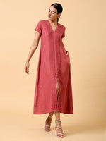 Thumbnail for trueBrowns Cotton Linen Rust Red Pleated Dress - Distacart