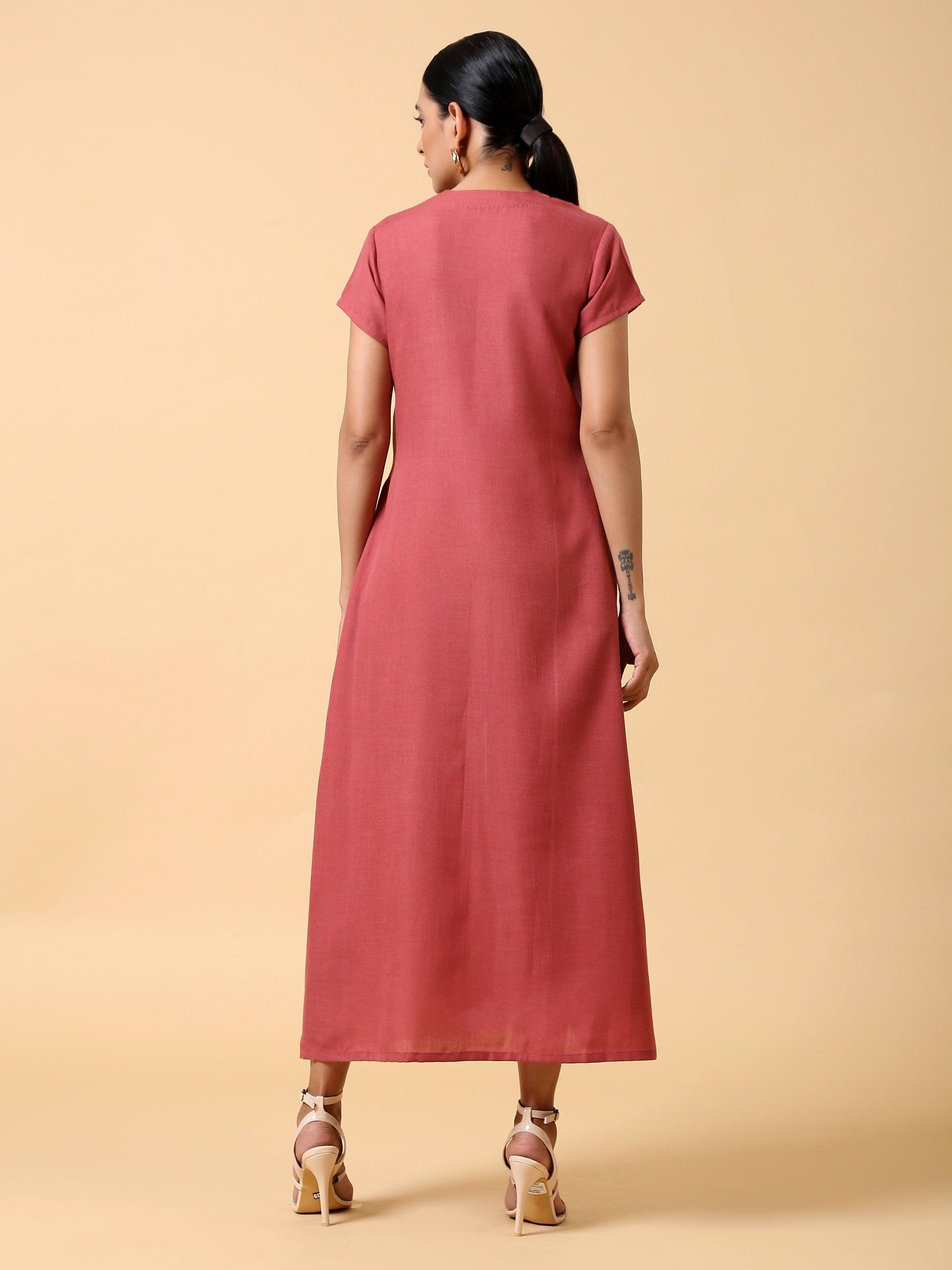trueBrowns Cotton Linen Rust Red Pleated Dress - Distacart