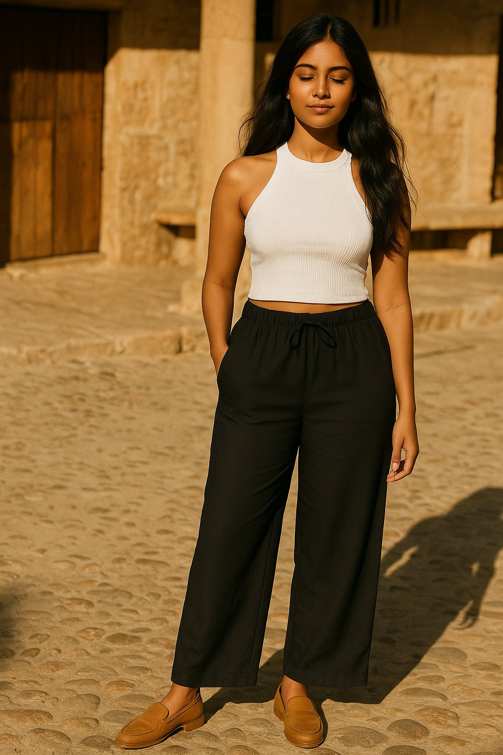 trueBrowns Black Cotton Blend Elasticated Drawstring Straight Pants - Distacart