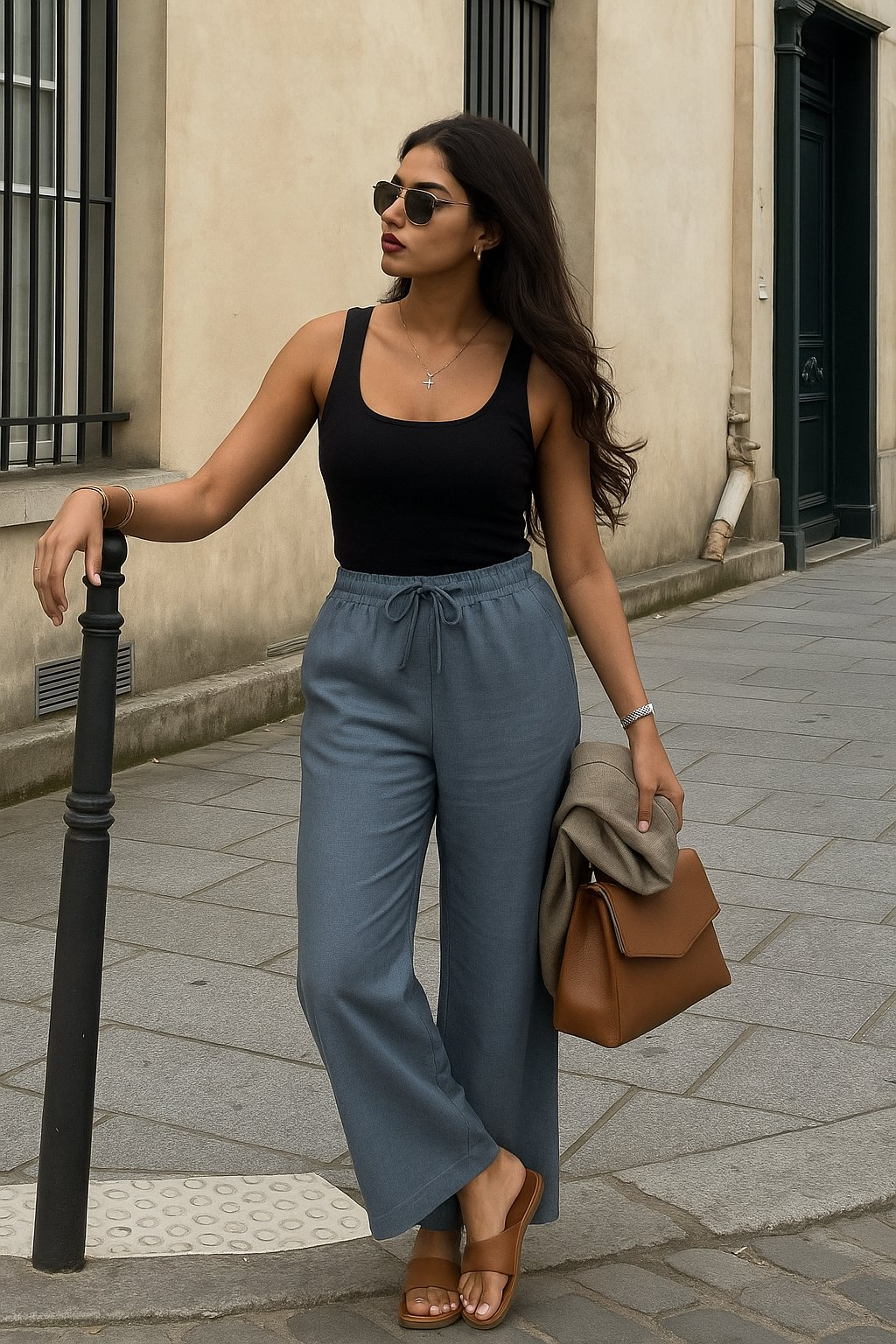 trueBrowns Blue Cotton Blend Elasticated Drawstring Straight Pants - Distacart