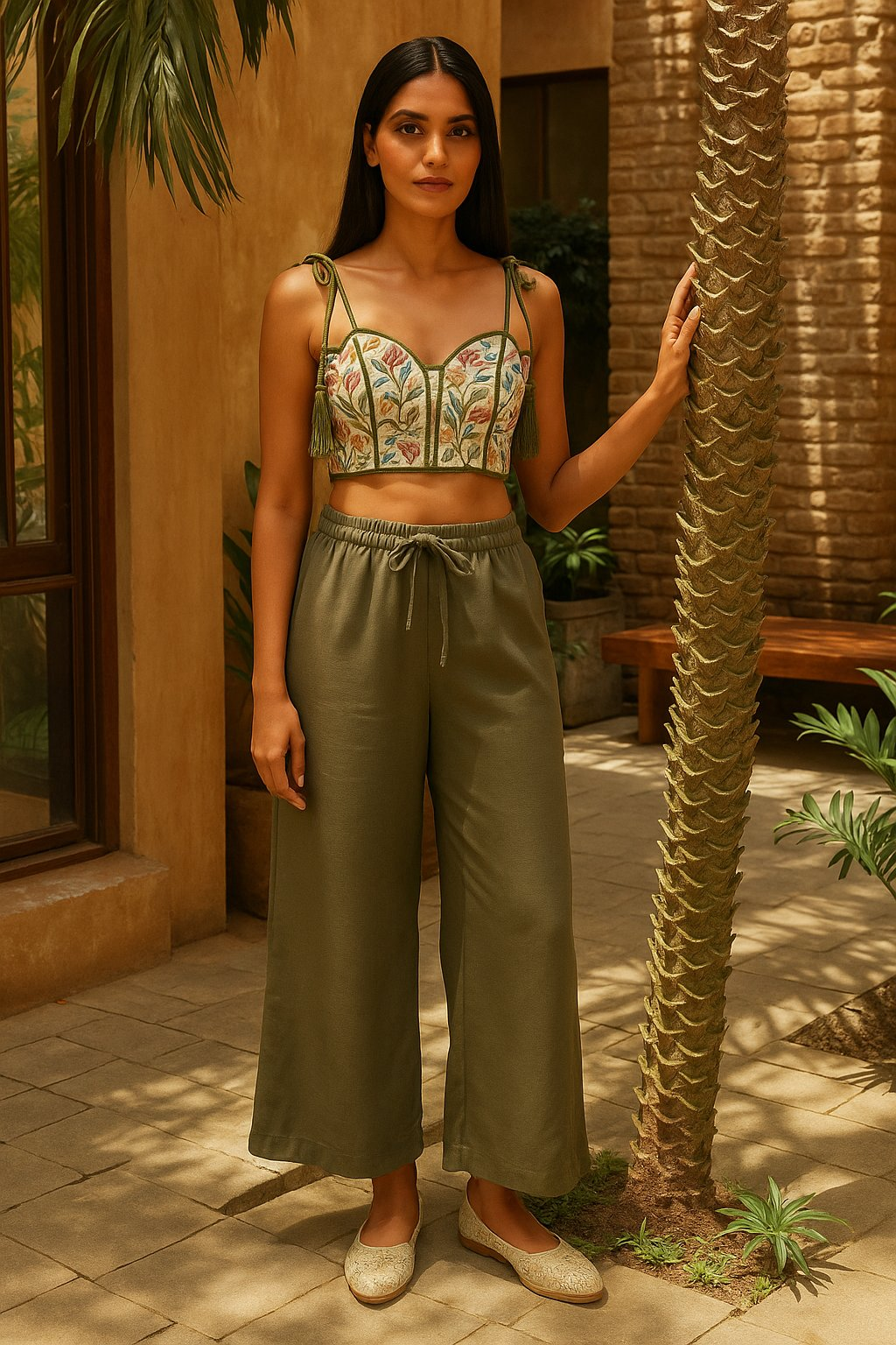 trueBrowns Olive Cotton Blend Elasticated Drawstring Straight Pants - Distacart