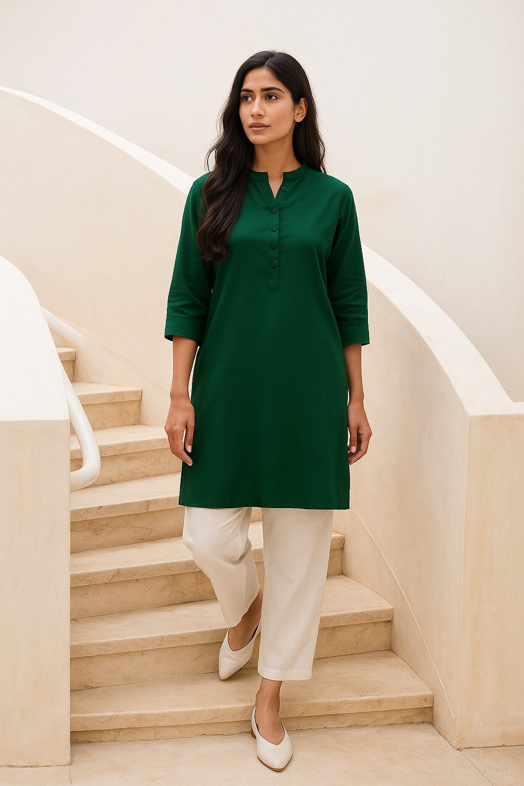 trueBrowns Dark Green Cotton Blend Short Kurta - Distacart