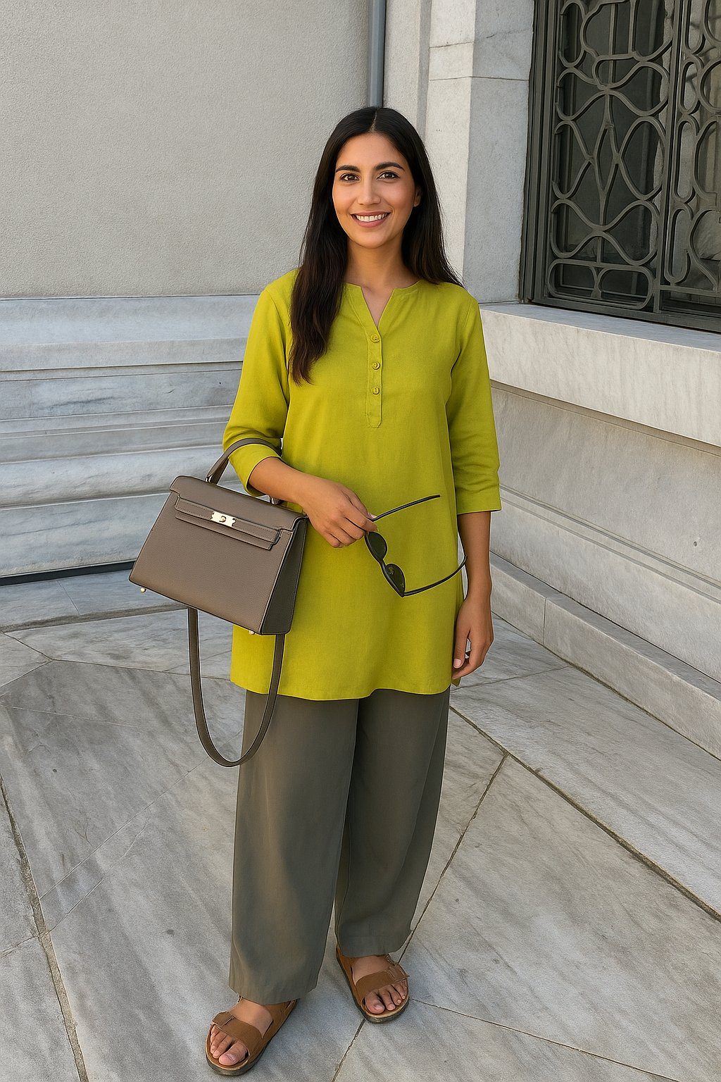 trueBrowns Lime Cotton Blend Short Kurta