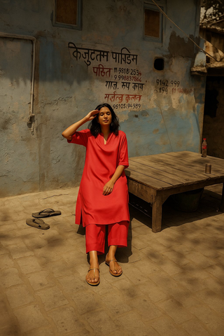 trueBrowns Coral Viscose Kurta Pant Set