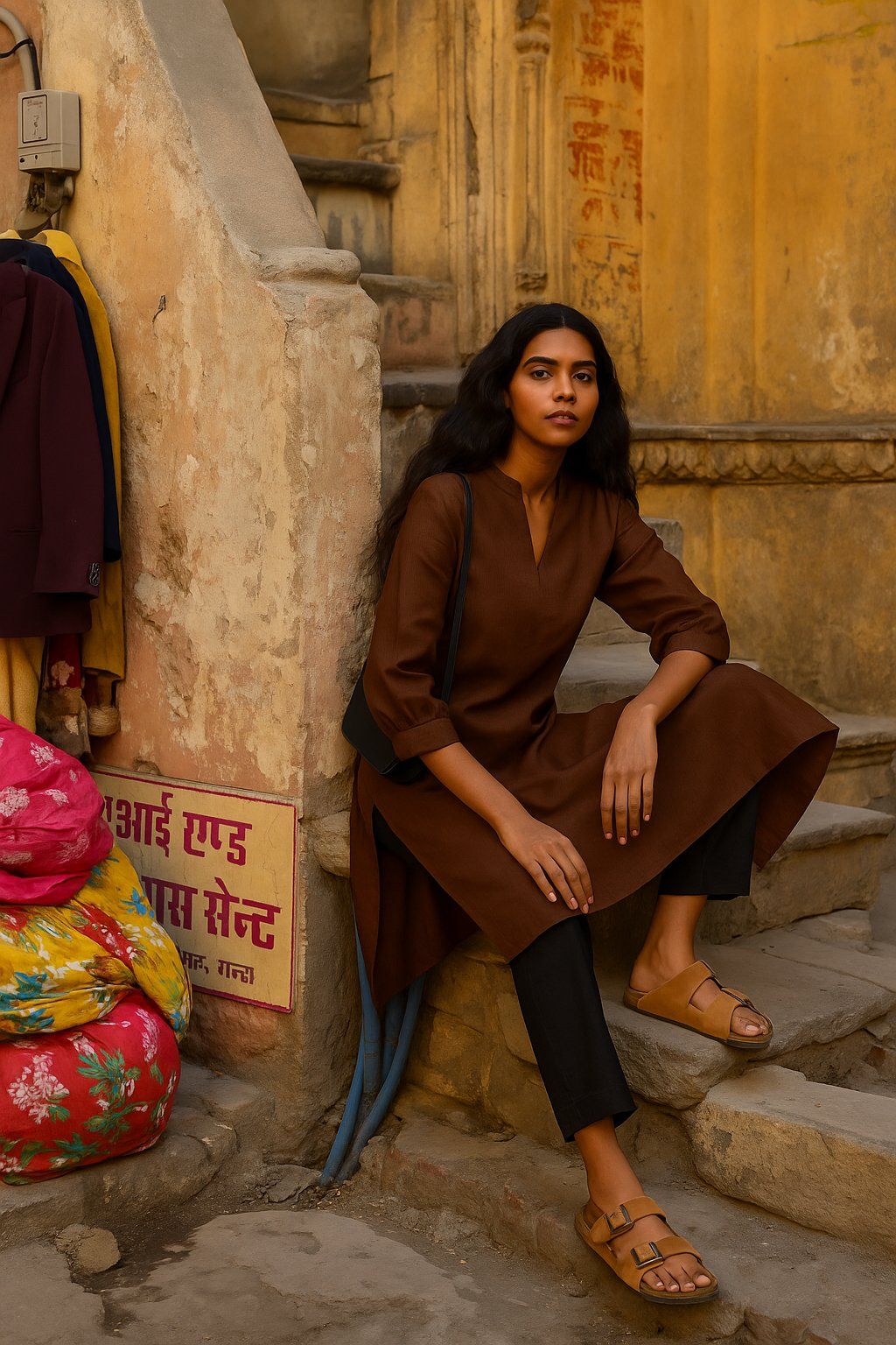 trueBrowns Brown Cotton Blend Short Kurta - Distacart