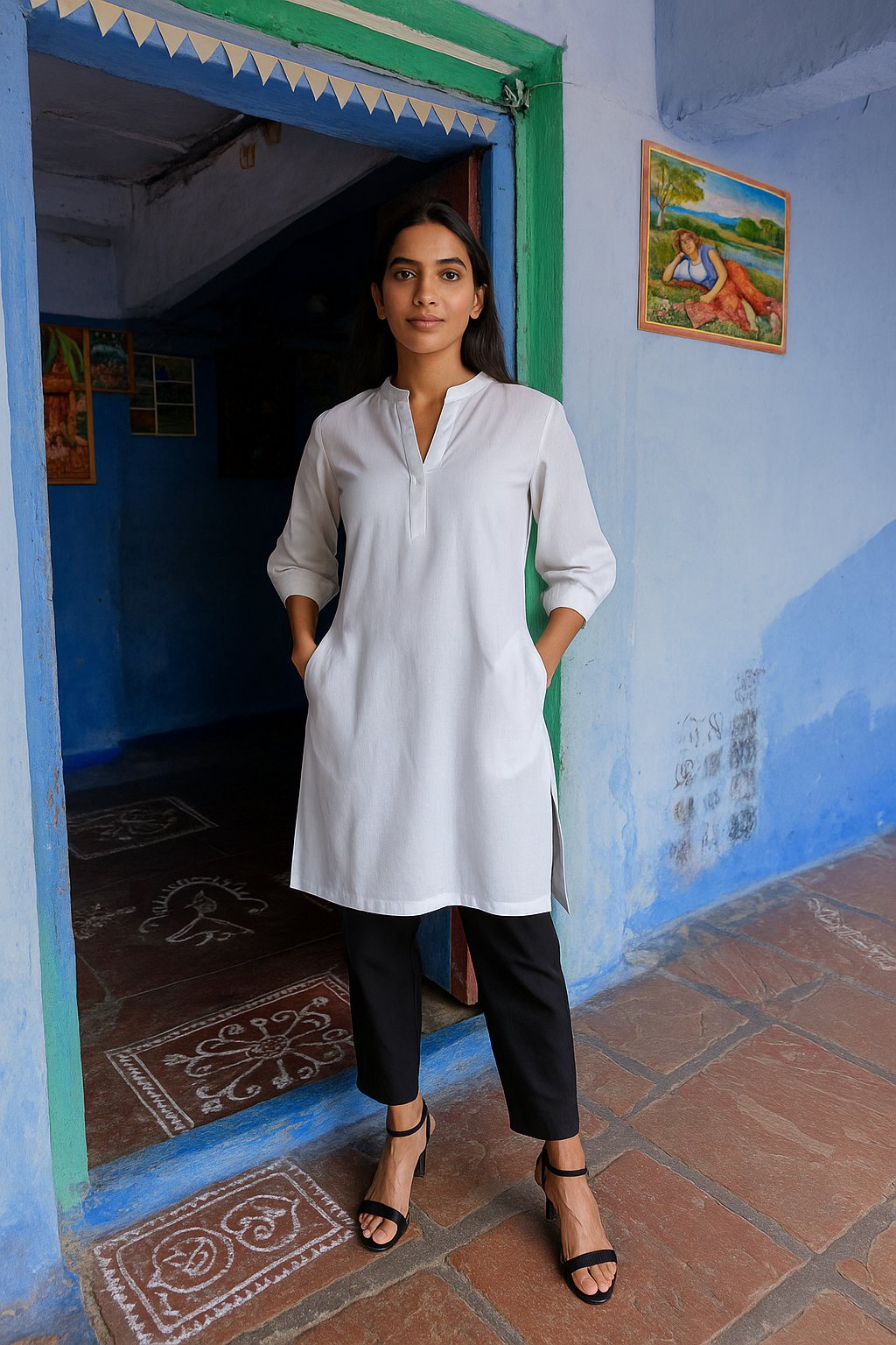 trueBrowns White Cotton Blend Short Kurta - Distacart