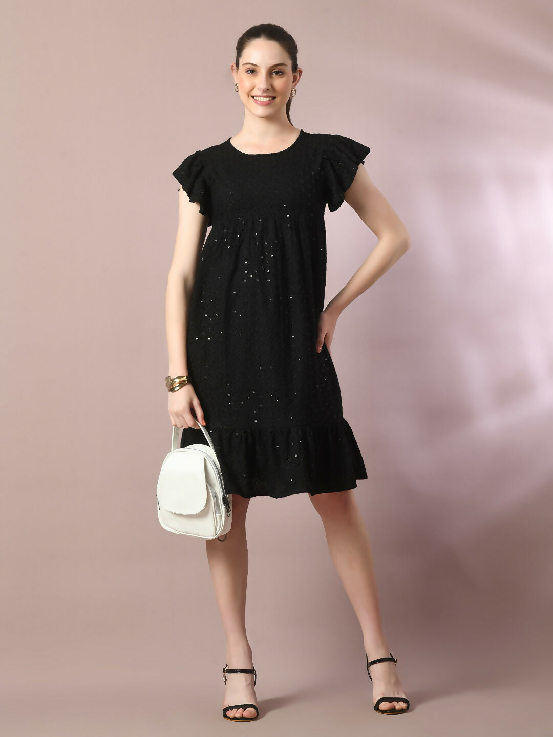 Myshka Women's Black Embroidered Cotton Round Neck A-Line Party Dress - Distacart