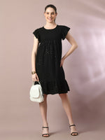 Thumbnail for Myshka Women's Black Embroidered Cotton Round Neck A-Line Party Dress - Distacart