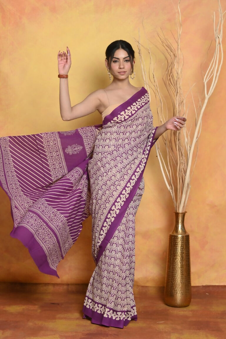 Very Much Indian Handblock Printed Cotton Saree With Natural Dyes - White - Distacart