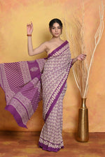 Thumbnail for Very Much Indian Handblock Printed Cotton Saree With Natural Dyes - White - Distacart