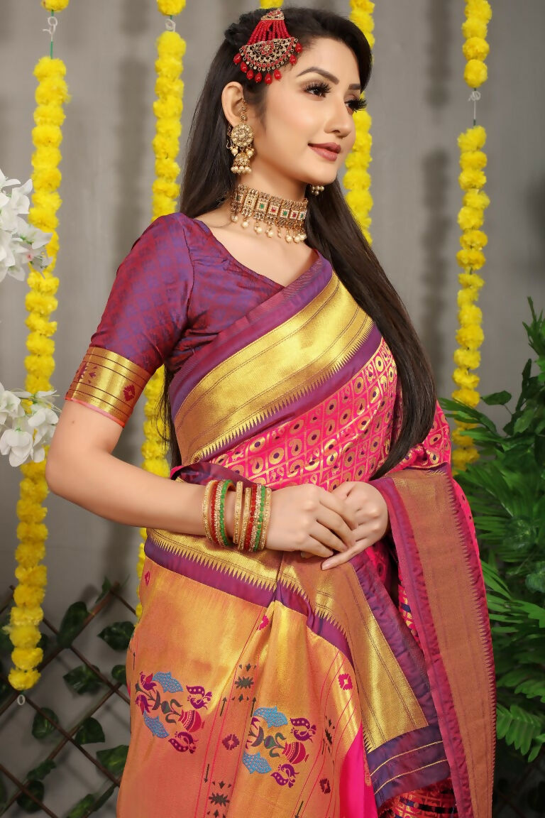 Jyoti Fashion Women's Pink Banarasi Silk Zari Woven Saree with Blouse - Distacart