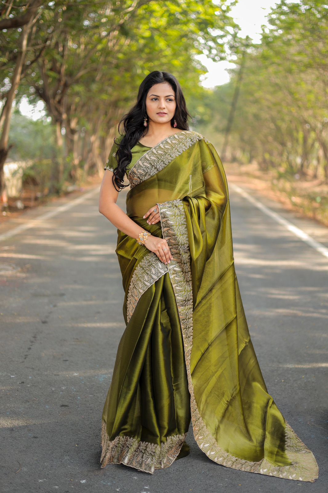 Teeya Creation Mahendi Color Burberry Silk Heavy Work Saree - Distacart