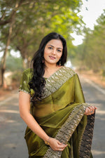 Thumbnail for Teeya Creation Mahendi Color Burberry Silk Heavy Work Saree - Distacart