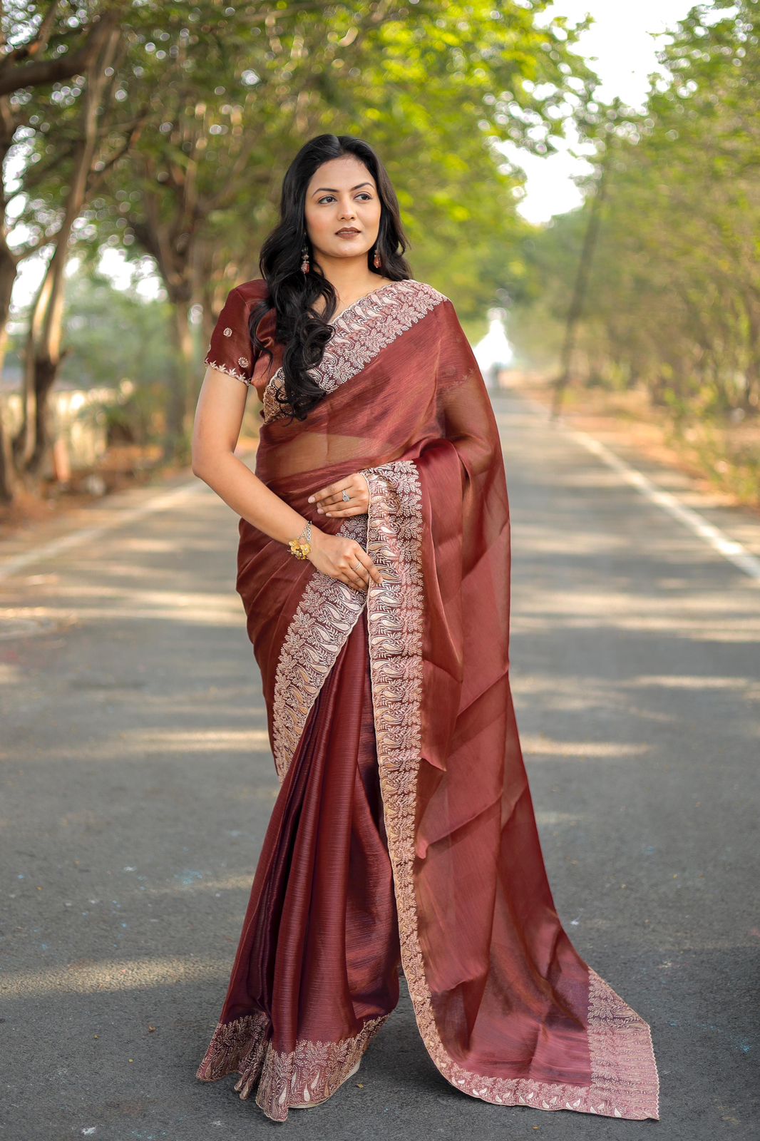 Teeya Creation Peach Color Burberry Silk Heavy Work Saree - Distacart