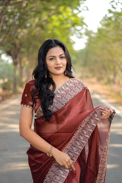Teeya Creation Peach Color Burberry Silk Heavy Work Saree - Distacart