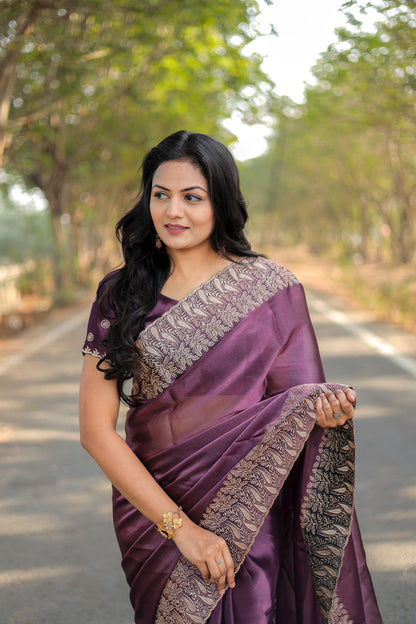 Teeya Creation Purple Color Burberry Silk Heavy Work Saree - Distacart