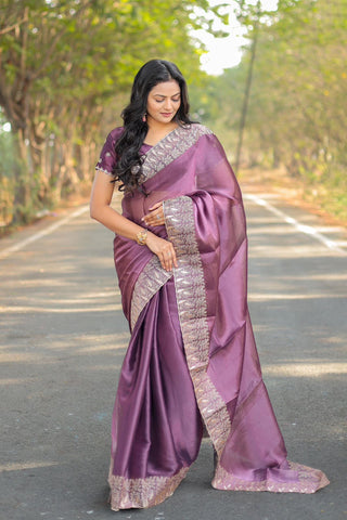 Teeya Creation Purple Color Burberry Silk Heavy Work Saree - Distacart