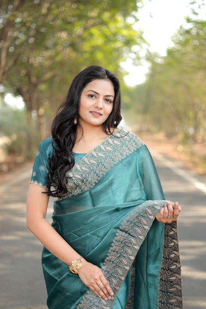 Teeya Creation Sky Color Burberry Silk Heavy Work Saree - Distacart