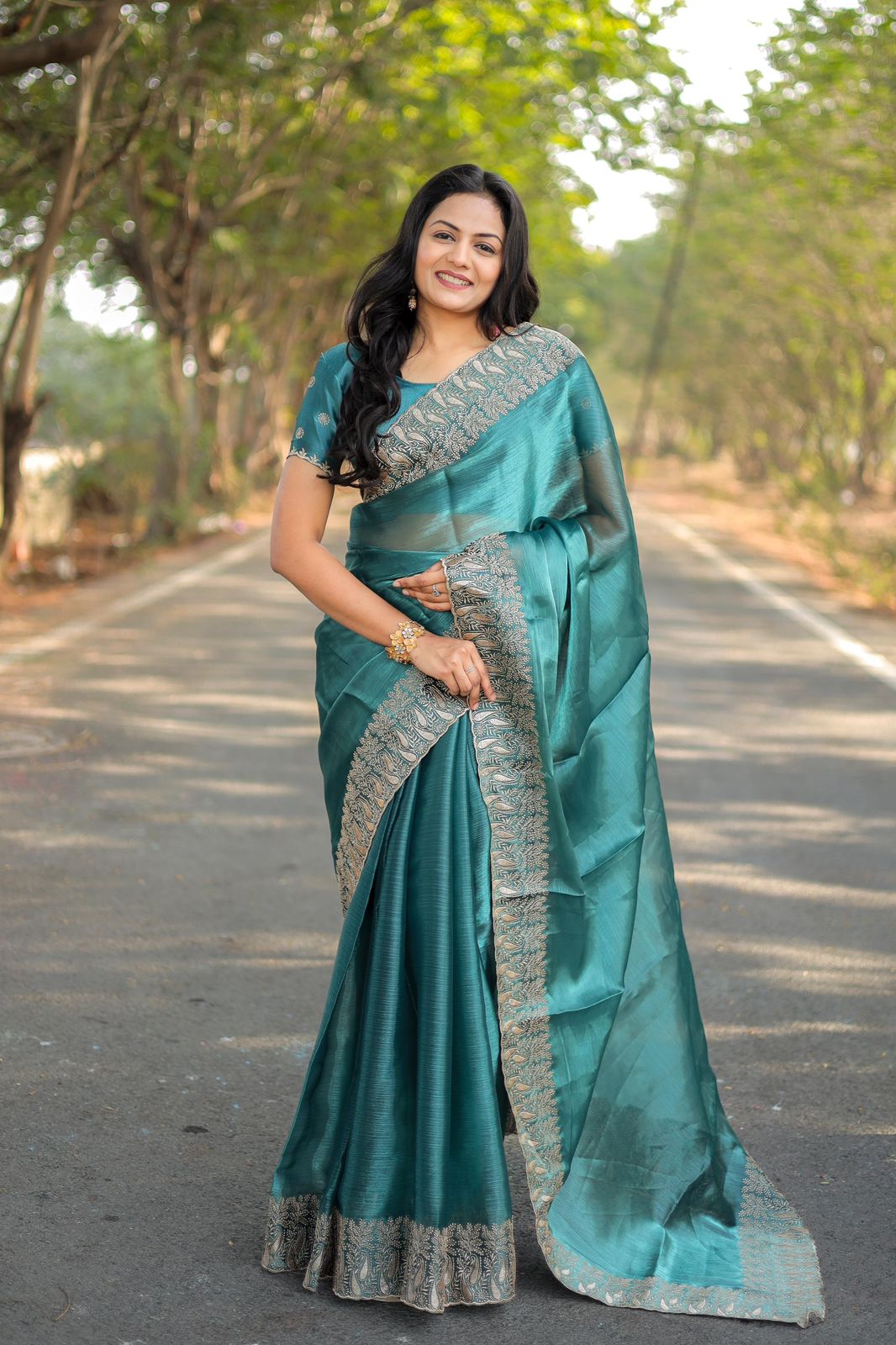 Teeya Creation Sky Color Burberry Silk Heavy Work Saree - Distacart