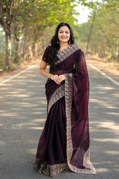 Teeya Creation Wine Color Burberry Silk Heavy Work Saree - Distacart