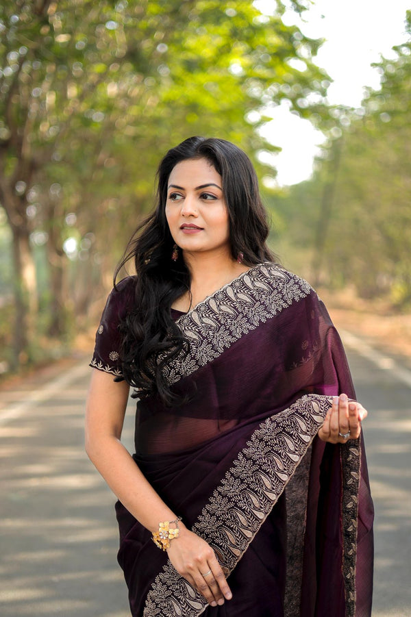 Teeya Creation Wine Color Burberry Silk Heavy Work Saree - Distacart