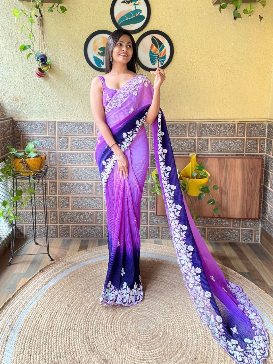 Teeya Creation Blue Color Georgette Embroidery Crush Work Saree - Distacart