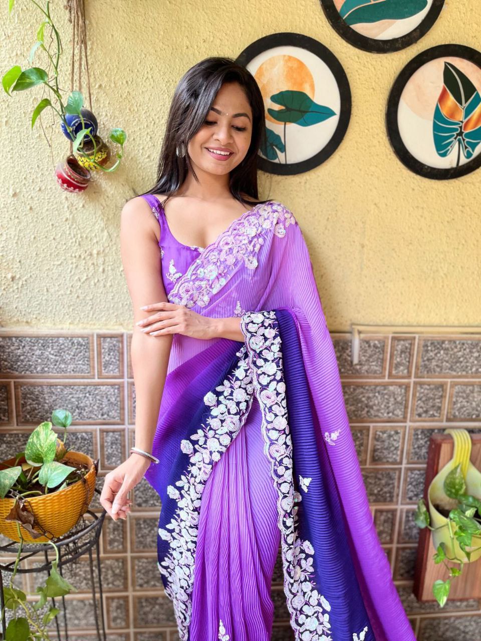Teeya Creation Blue Color Georgette Embroidery Crush Work Saree - Distacart