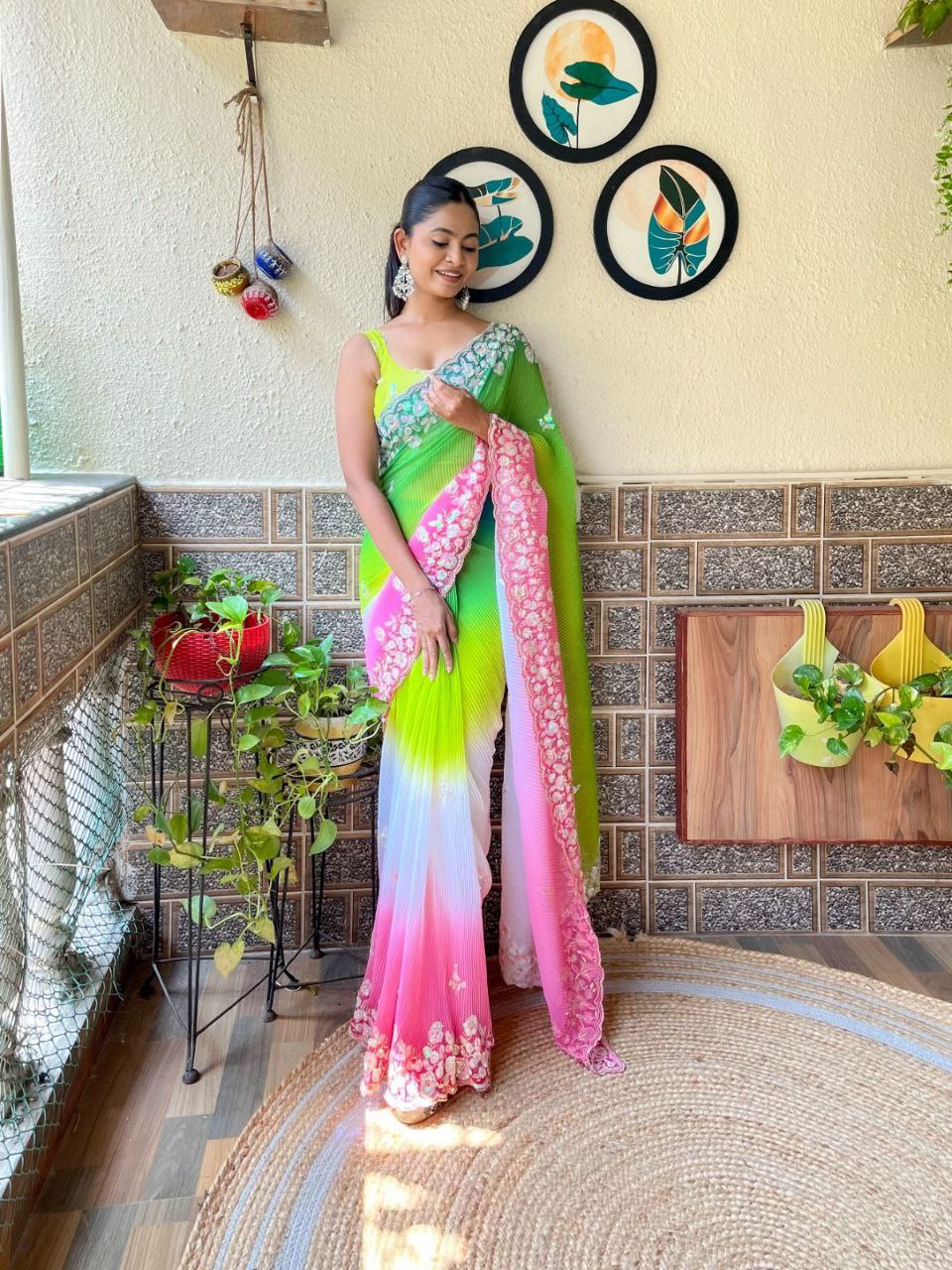 Teeya Creation parrot Color Georgette Embroidery Crush Work Saree - Distacart
