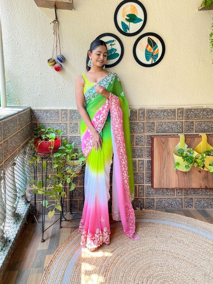 Teeya Creation parrot Color Georgette Embroidery Crush Work Saree - Distacart