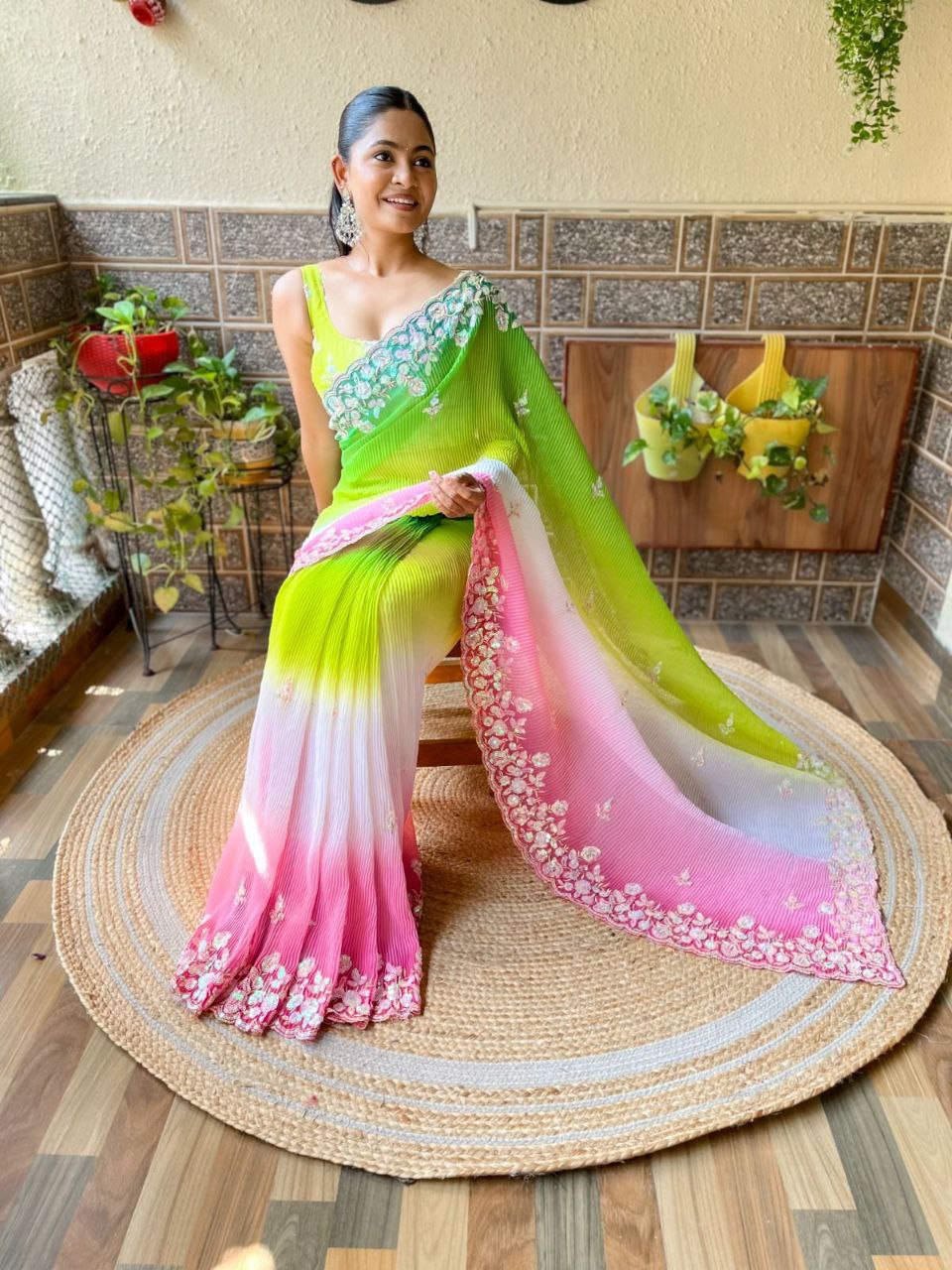 Teeya Creation parrot Color Georgette Embroidery Crush Work Saree - Distacart