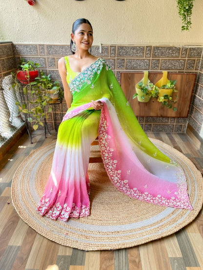 Teeya Creation parrot Color Georgette Embroidery Crush Work Saree - Distacart