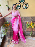 Thumbnail for Teeya Creation Pink Color Georgette Embroidery Crush Work Saree - Distacart