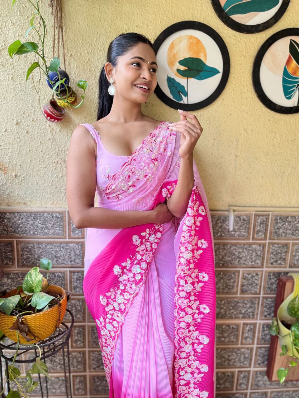 Teeya Creation Pink Color Georgette Embroidery Crush Work Saree - Distacart