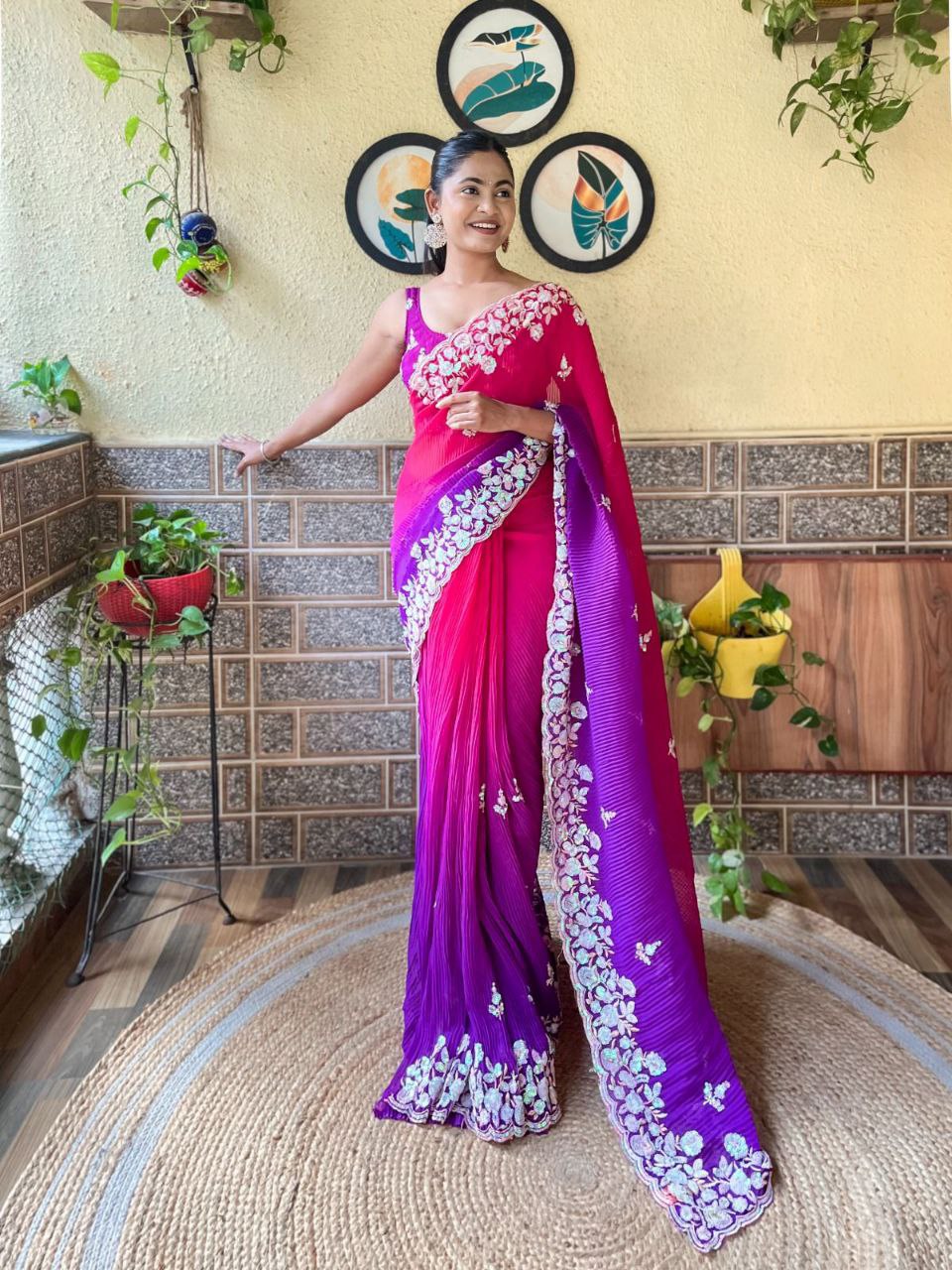 Teeya Creation Purple Color Georgette Embroidery Crush Work Saree - Distacart