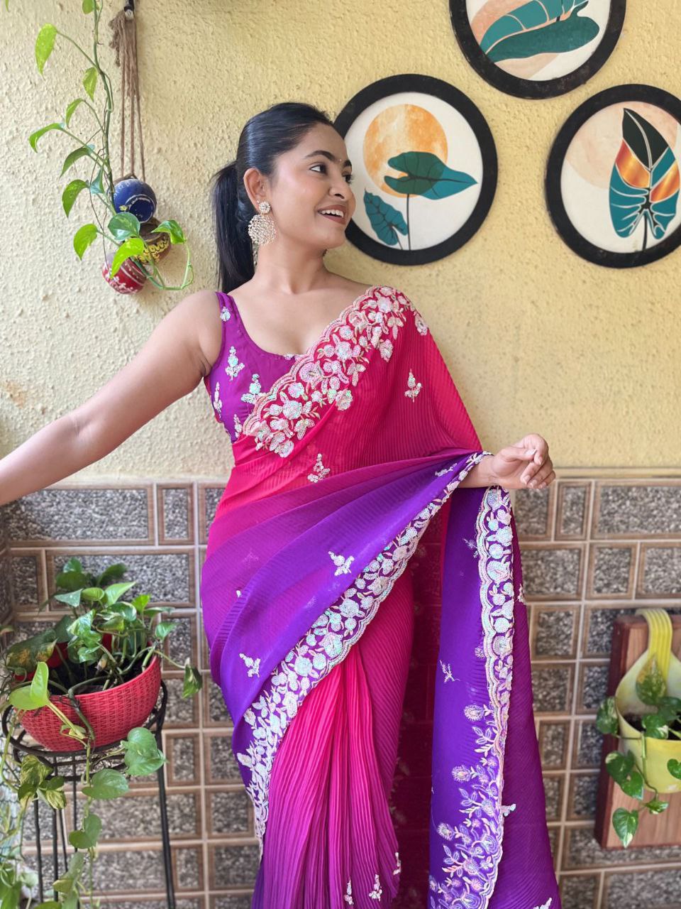 Teeya Creation Purple Color Georgette Embroidery Crush Work Saree - Distacart