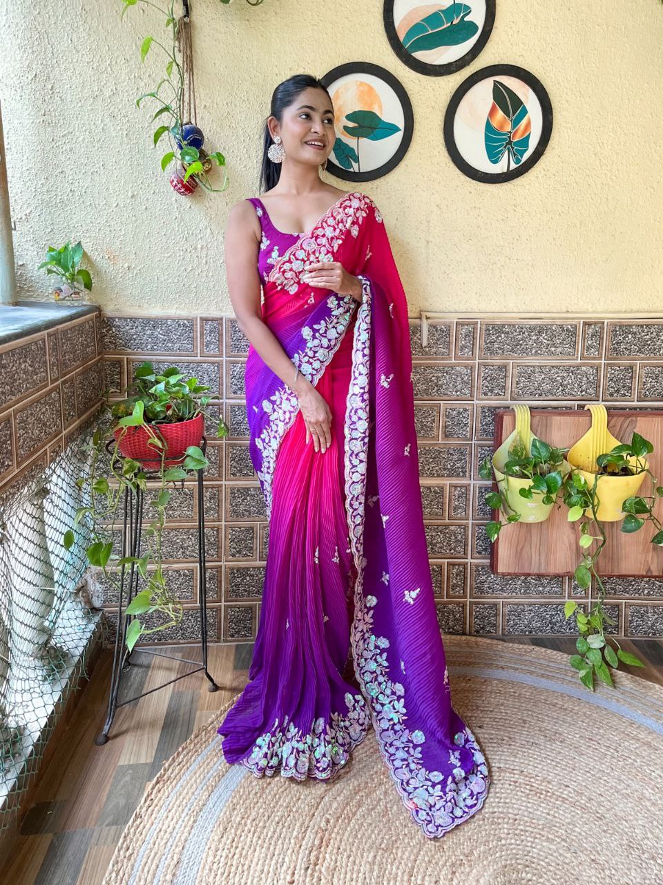 Teeya Creation Purple Color Georgette Embroidery Crush Work Saree - Distacart