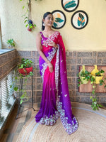 Thumbnail for Teeya Creation Purple Color Georgette Embroidery Crush Work Saree - Distacart