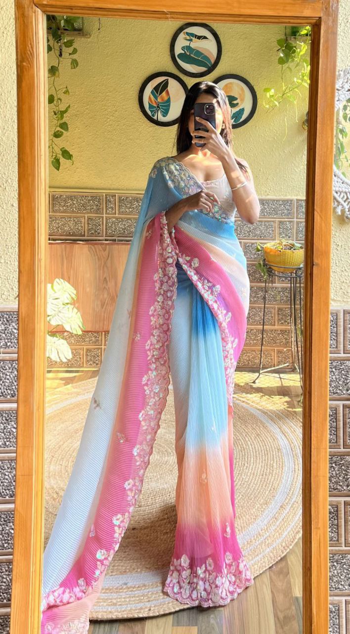 Teeya Creation Sky Color Georgette Embroidery Crush Work Saree - Distacart