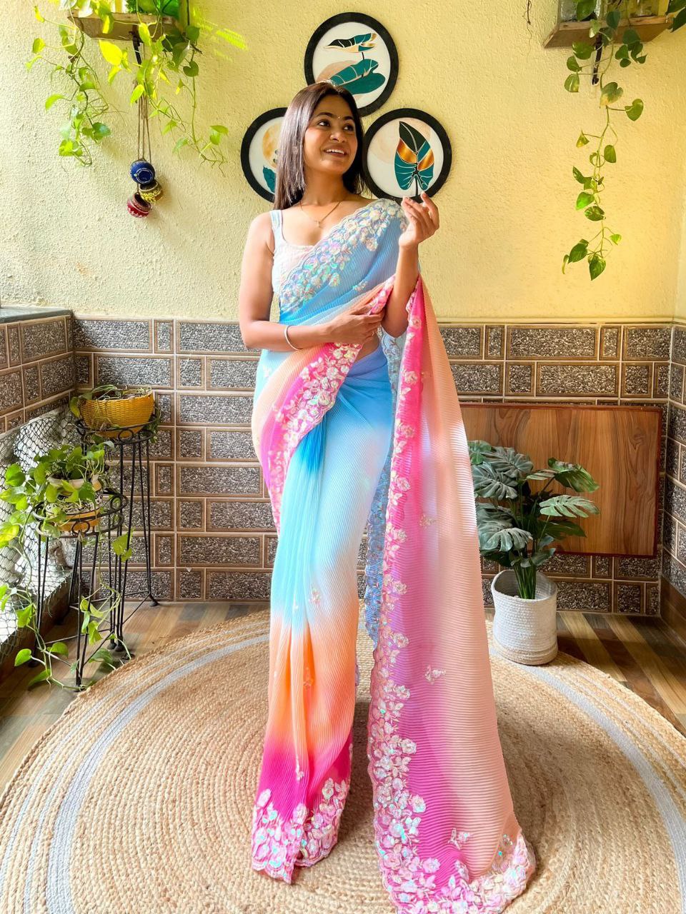 Teeya Creation Sky Color Georgette Embroidery Crush Work Saree - Distacart