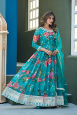 Thumbnail for Anaita Blue Tabby Silk Readymade Anarkali Suit with Embroidery Thread & Sequence Work