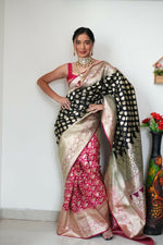 Thumbnail for Malishka Banarasi Silk Jacquard Ready To Wear Saree With Blouse Piece - Black Pink - Distacart