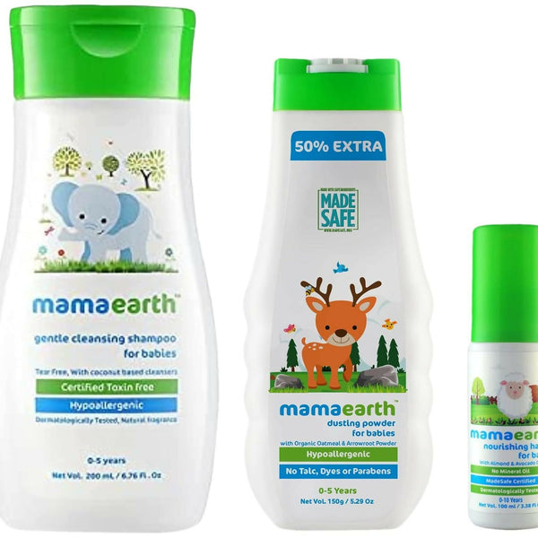 Mamaearth Nourishing Hair Oil & Dusting Powder & Gentle Cleansing Baby Shampoo - Distacart