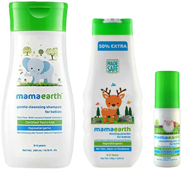 Mamaearth Nourishing Hair Oil & Dusting Powder & Gentle Cleansing Baby Shampoo - Distacart