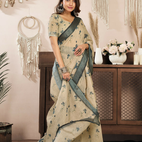 Joban Fashion Beige Floral Linen Ready To Wear Saree With Unstitched Blouse - Distacart