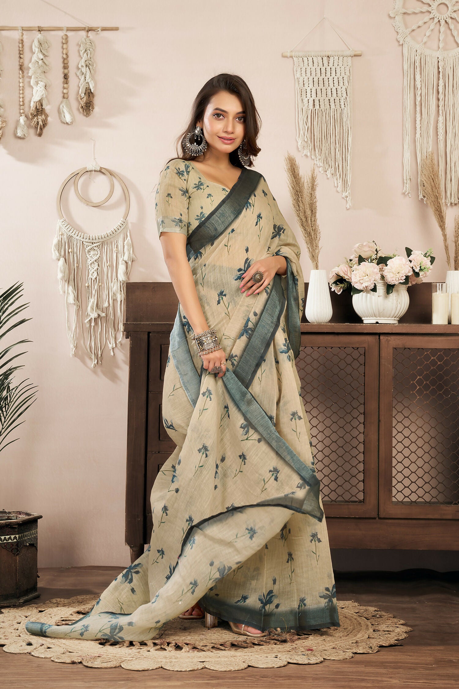 Joban Fashion Beige Floral Linen Ready To Wear Saree With Unstitched Blouse