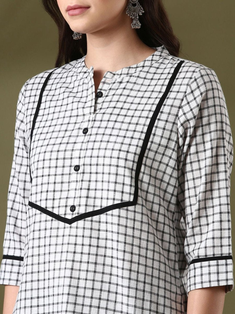 Anouk White Checked Mandarin Collar Pure Cotton Straight Kurta - Distacart