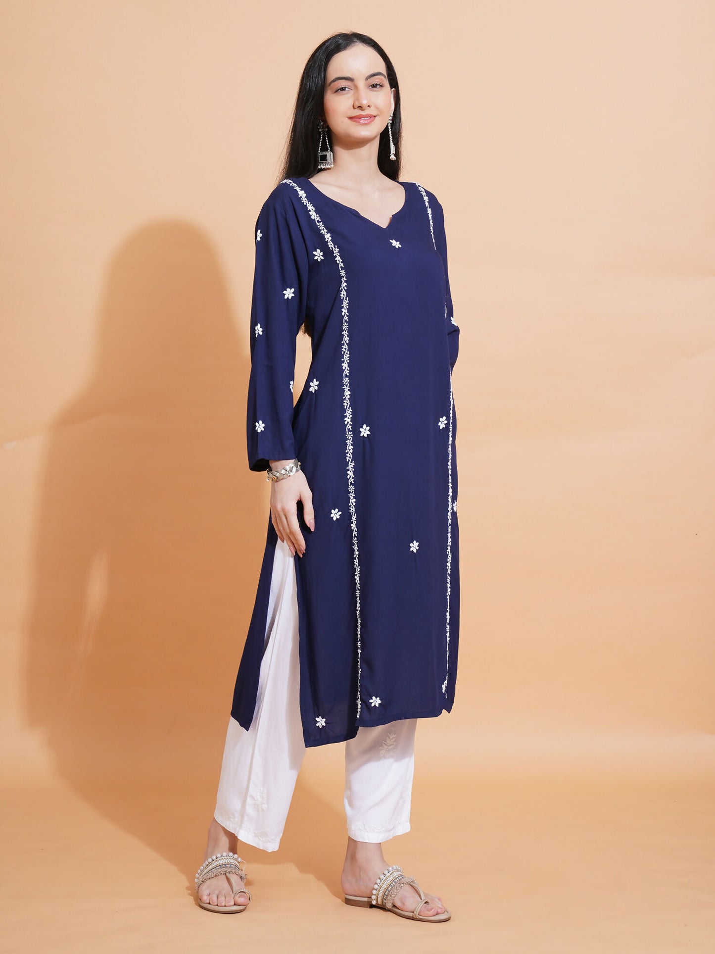 Pahnaz Luxury Rayon Chikankari Long Kurti-Blue - Dista