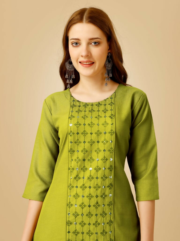 Jyoti Fashion Women's Green Cotton Blend Embroidered Kurta Pant Set - Distacart