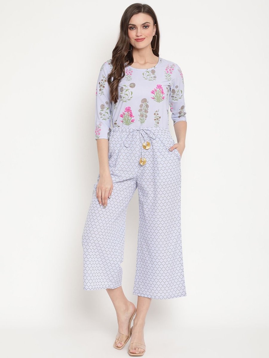 Ahalyaa Womens Blue Crepe Printed Jumpsuit